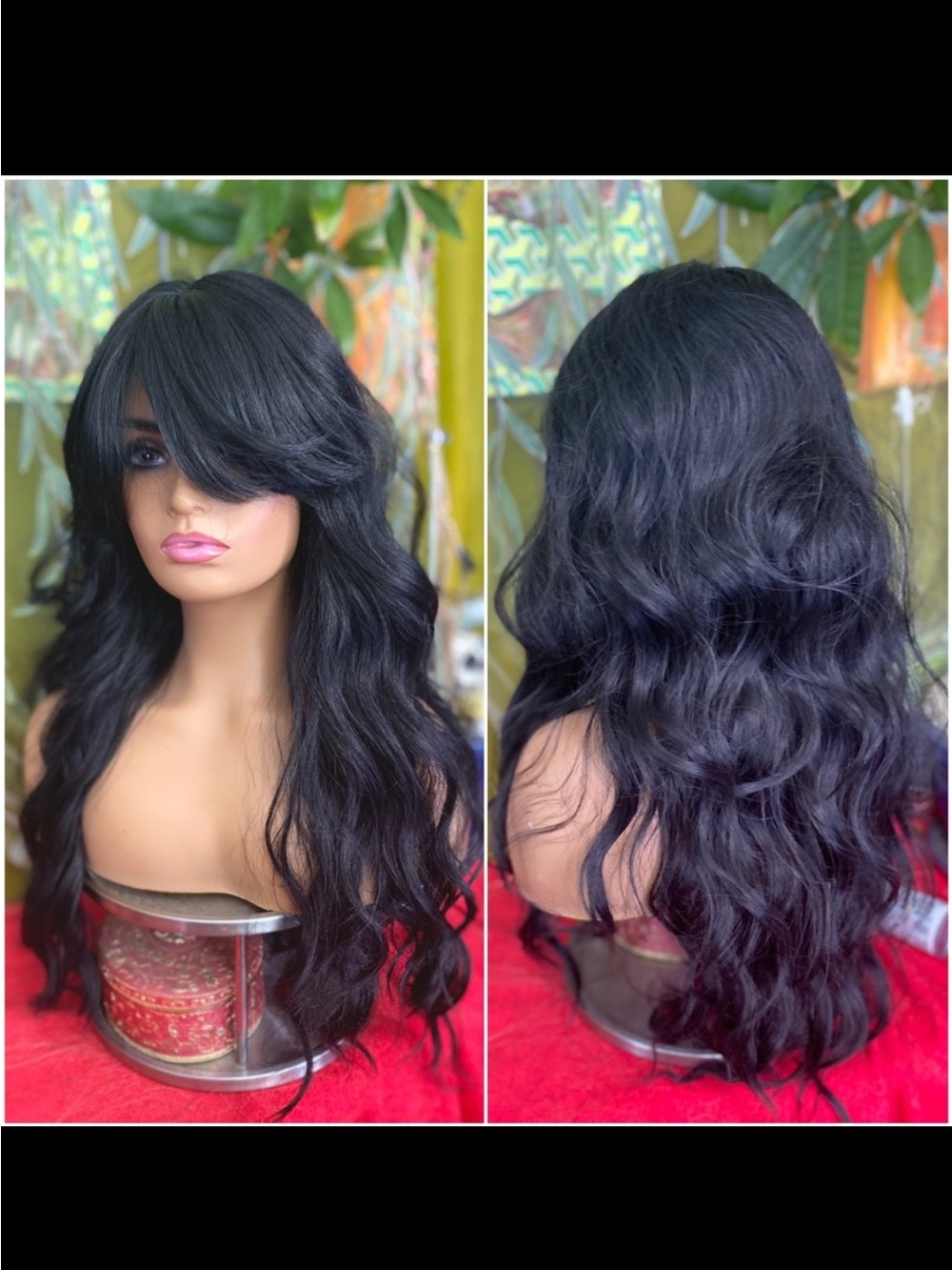 Wavy long jet black wig with long bangs